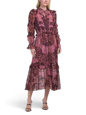 Marchesa Rosa Braided Leopard Flounced Silk Chiffon Midi Dress